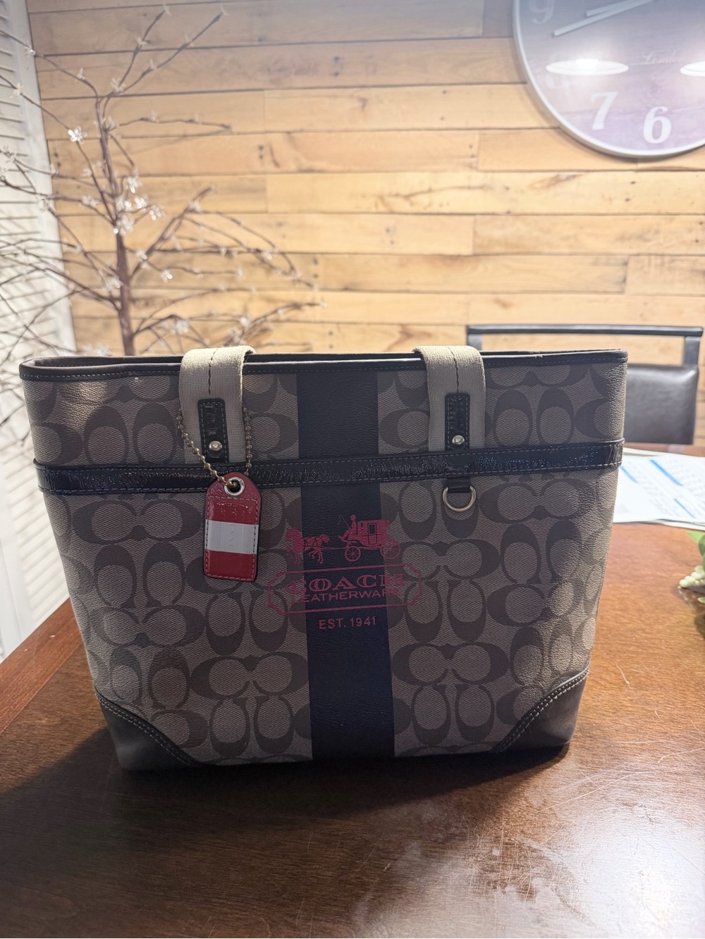 Coach Brown Signature Tote with Navy Stripe and Red Logo Very Good Used Condi